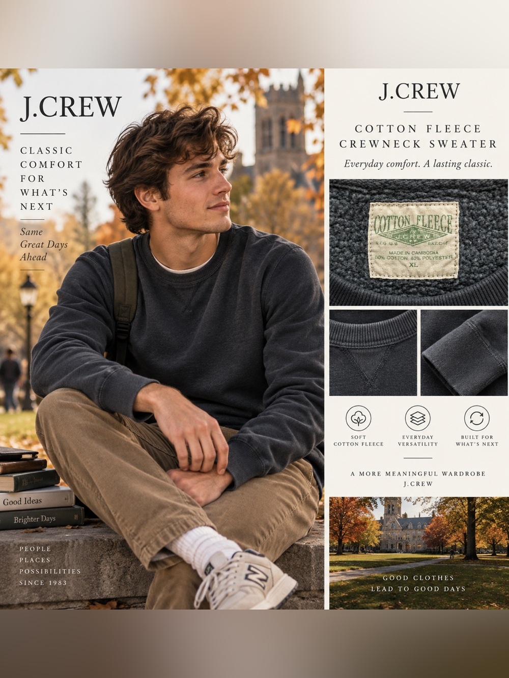 J. Crew Men's Cotton Fleece Crewneck Sweater — Charcoal Gray